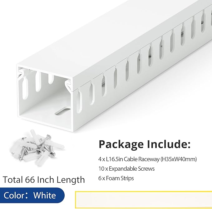 1.4"H x 1.6"W Cable Raceway, 66in Under Desk Wire Management Channel, White