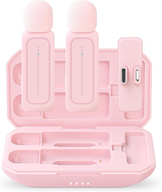 Ecomxia 2 Pack Wireless Lavalier Microphone for iPhone iPad Android with Charging Case - 7H Clip on Lapel Microphone Wireless for Video Recording Vlogging, YouTube, Interview, 3 Mode Denoise (Pink)