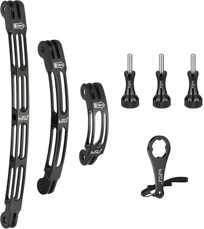 HSU Aluminum Alloy Curved Extension Arm Kit Metal Pole Mount Helmet Stick Extension Arm Mount for GoPro Hero 13/12/11/10/9/8/7/6 Black, DJI Osmo Action and More Action Cameras (7.9”/5.3”/3”) (Black)