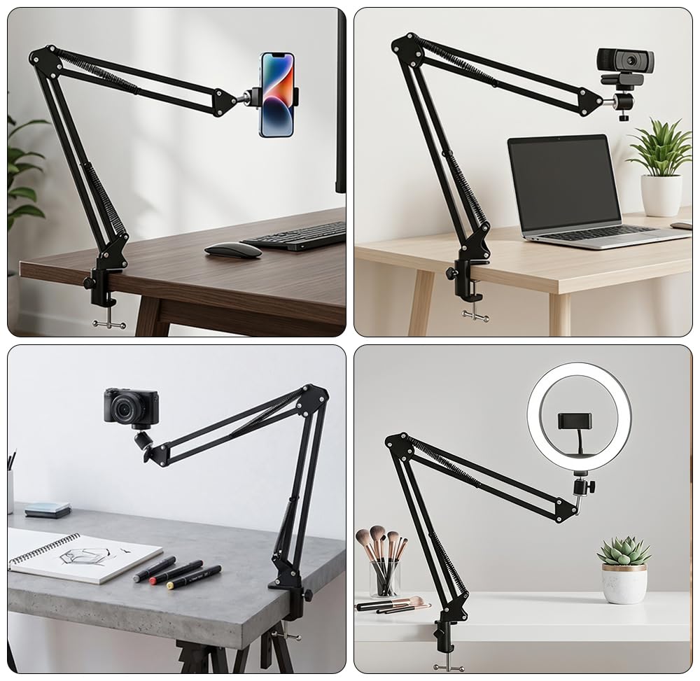 LenTok Overhead Tripod Mount for Camera Webcam Ring Light, Flexible Over Head Arm for iPhone with Phone Holder and Ball Head, Table Stand Accessory for Phone Video Recording Live Stream