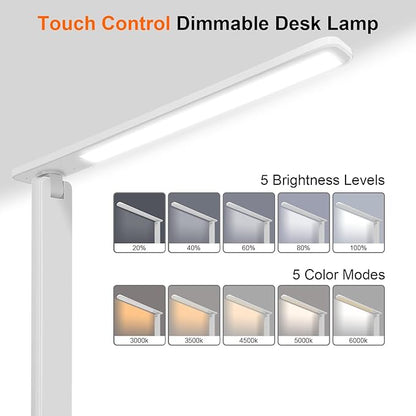 karidi LED Desk Lamp Dimmable Table Lamp with USB Charging Port, 5 Lighting Modes, Sensitive Control, Foldable Portable Desk Light for Home Office Bedroom Reading (White, Standard Size - 13.3 inch)
