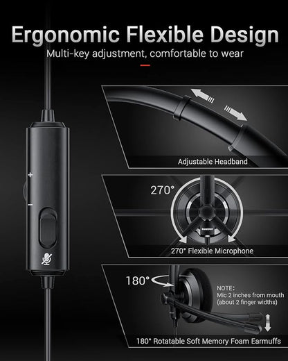 Wired Headset with Microphone for PC Laptop - 3.5mm Jack On Ear Headphones with Noise Cancelling Microphone for Boom Skype Webinars, in-line Control,Comfortable