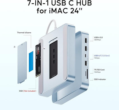 USB C HUB for iMac 24 inch 2021/2023/2024, PULWTOP USB Hub Adapter iMac Accessories for iMac M1/M3/M4 with USB C 10Gbps 3*USB A SD/TF, Docking Station Support Expand M.2 SSD (Not Included),Blue