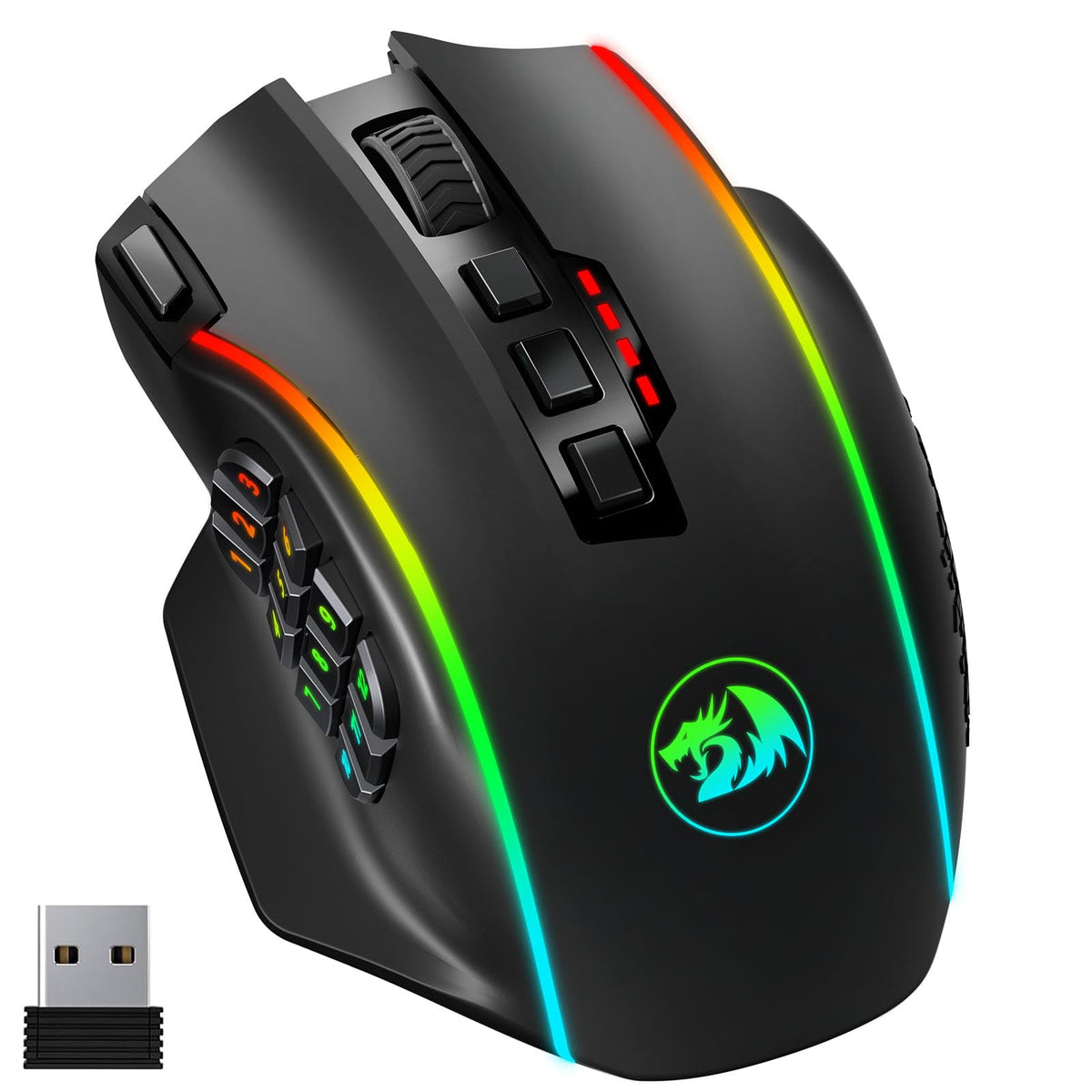 Redragon Gaming Mouse, MMO Mouse Gaming UP 12400 DPI, 19 Macro Programmable Buttons, RGB Mouse with 12 Side Buttons, 8 * 2.4g Weight Tuning for PC Laptop MOBA FPS, M901K, Black