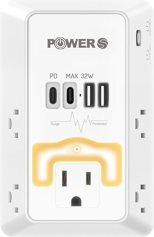 20W PD Fast Charging Wall Outlet with USB Ports (2C2A), Electrical Outlet Extender with Night Light, Surge Protector, Wall Plug Adapter for Multiple Devices