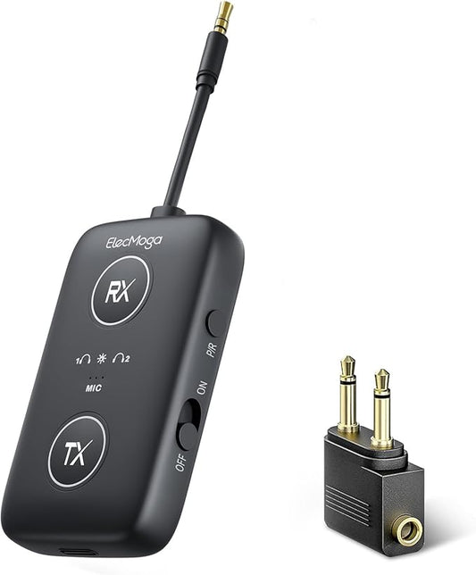 2025 Upgraded Airplane Bluetooth 5.4 Transmitter with Qualcomm Chipset, ElecMoga Airplane Travel Essentials Supports 2 AirPods or Headphones, 2-in-1 AUX Wireless Receiver for Gym, TV, Car, Audio