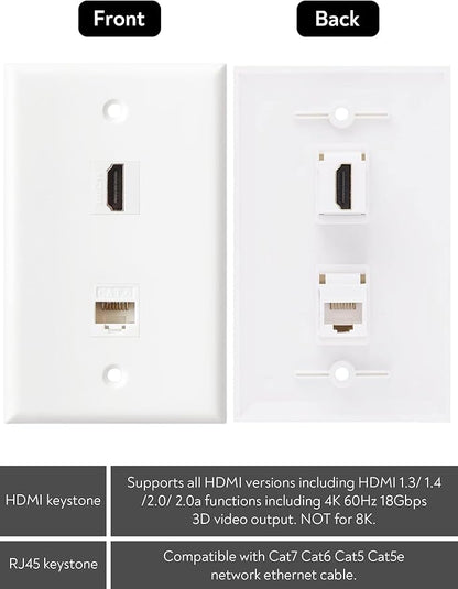 HDMI Ethernet Wall Plate - 1 Port 4K HDMI Keystone to Female, 1 Port CAT6 Keystone to Female - White
