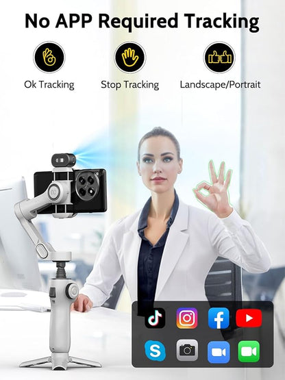 Gimbal Stabilizer for Video Recording, Smartphone 3-Axis Smartphone Gimbal with AI Tracking Sensor for Vlogging,7.8' Extension Rod,Trigger Button,YouTube Tiktolk(Smart V8 AI White)