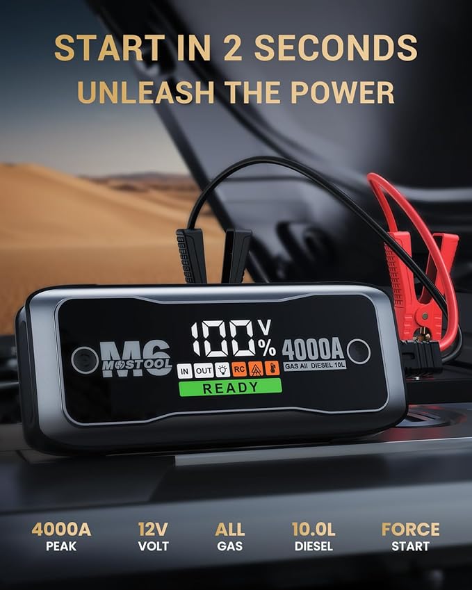 MOSTOOL M6 4000A Jump Starter with Smart HD Display, 12V Portable Jump Box & Car Battery Booster Pack with Quick Charge DC/Type C Port, Jumper Clamps LED Light - for All Gas & Up to 10.0L Diesel
