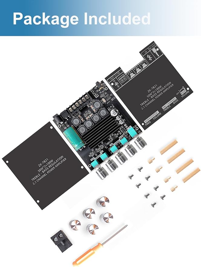 50W+50W+100W Amplifier Board with Treble and Bass Control, Bluetooth 5.0 HiFi 2.1 Channel Subwoofer Stereo Amplifier Board, Dual TPA3116D2 Chip BT and AUX Inputs for DIY Wireless Speakers (ZK-TB21)