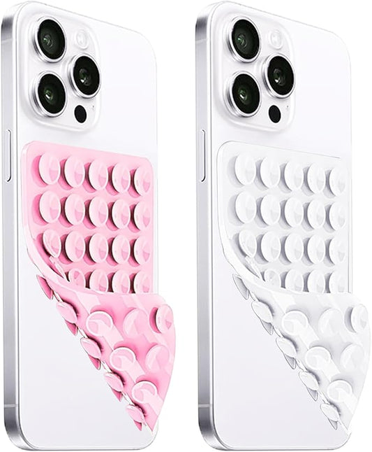LvShuLiangPin Anteel 2 Pack Silicone Suction Cup Phone Case Mount Double Sided, Hands-Free Strong Grip Silicon Phone Holder, Non Slip Phone Accessories for Selfies and Videos (Light Pink&White)