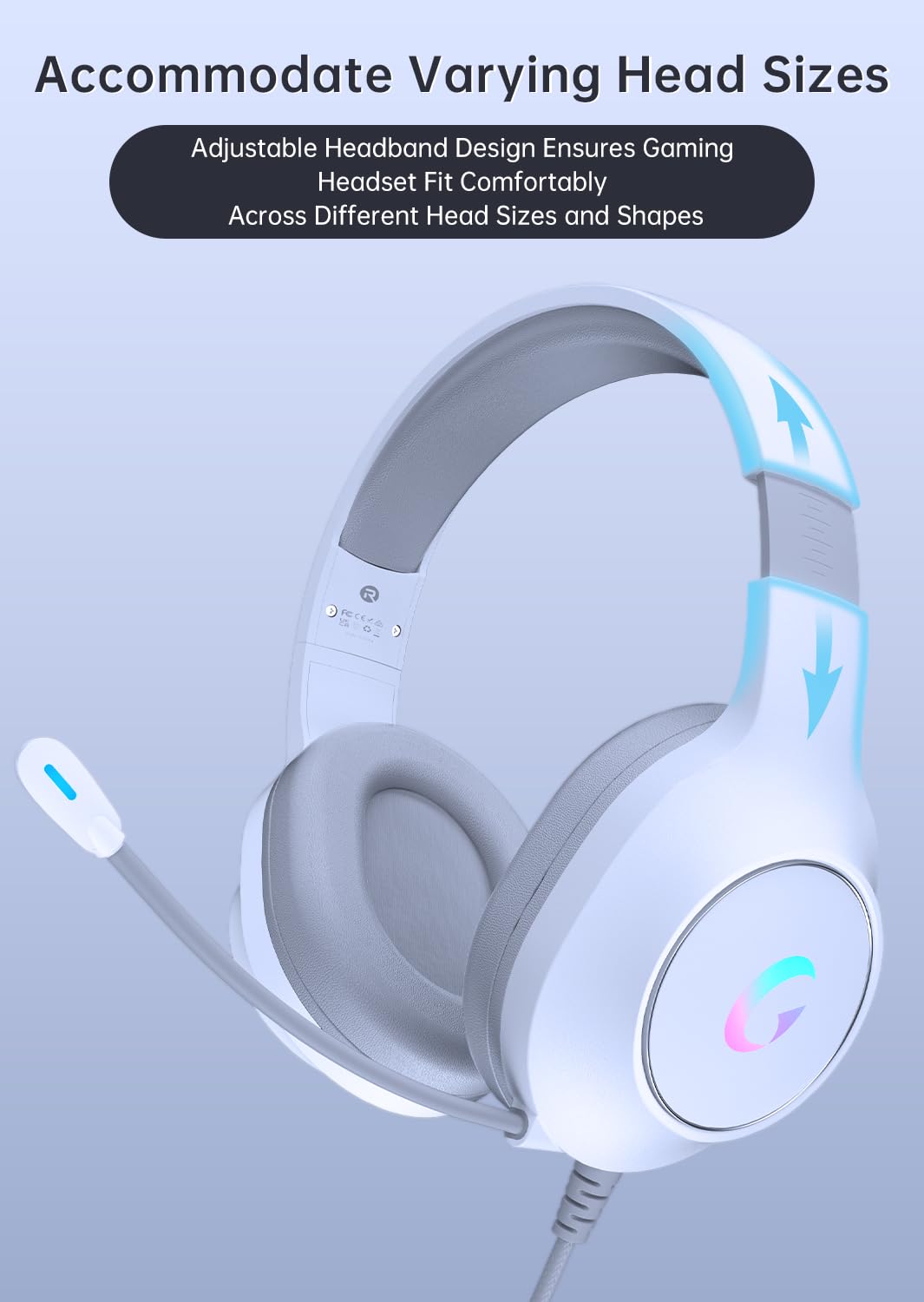 syndesmos CM7002 Gaming Headset for PC, PS5, Xbox Series X|S, Switch, Over-Ear Headphones with 7.1 Surround Sound, 50MM Drivers & Noise Canceling Mic, RGB Comfort Headset for Gaming, Light White