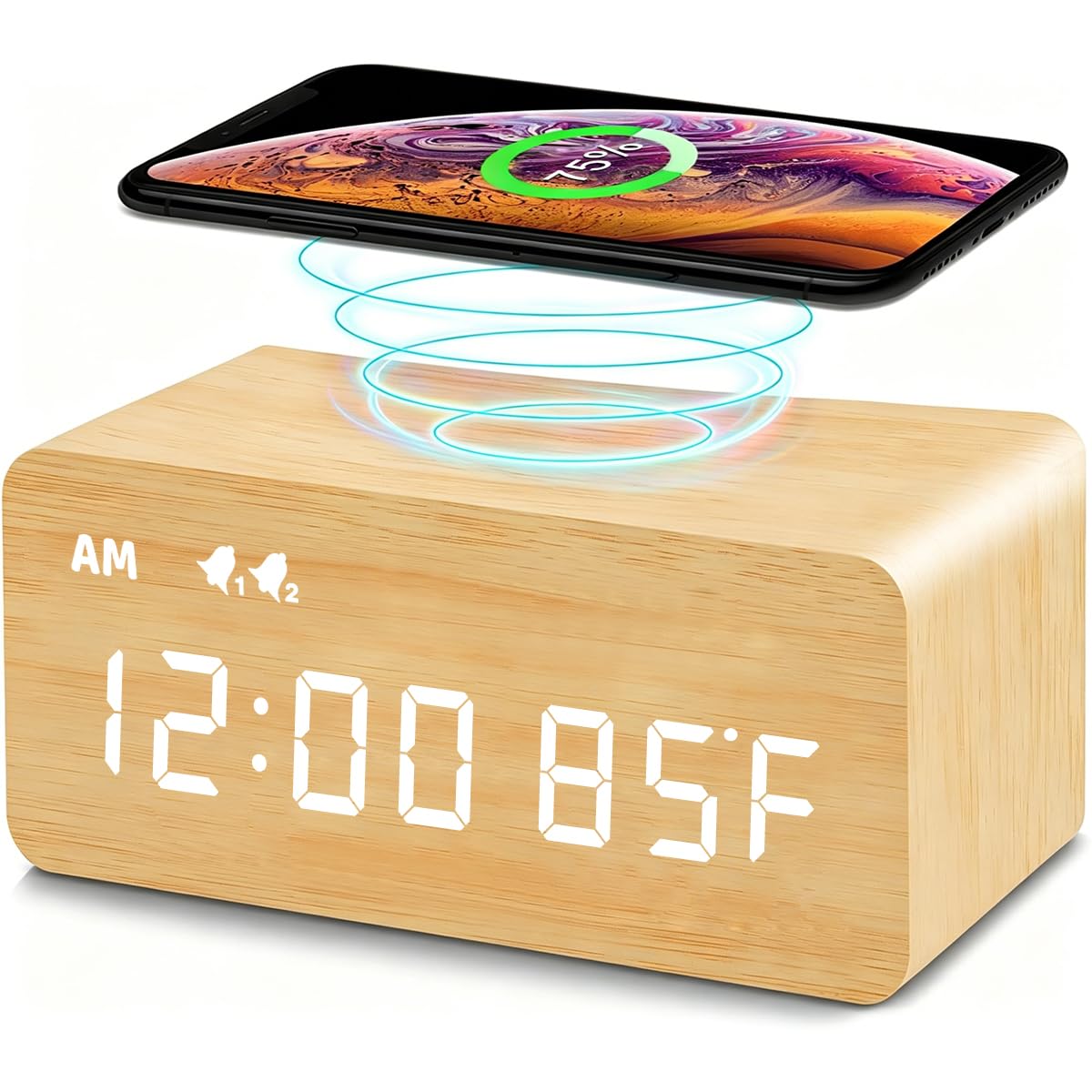 Premium White Wooden Digital Alarm Clock with Wireless Charging Pad, Time & Temperature Display, Dual Alarms & Snooze, Dimmable, Small LED Desk Clock for Bedroom Nightstand Bedside Living Room Table