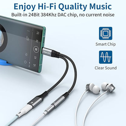 USB C to 3.5mm Headphone and Charger Adapter, 2-in-1 Type C to Aux Jack Cable with PD 60W Fast Charging for iPhone15 16 17 Pro Max, Samsung Galaxy S22 S23 S24 S25 Ultra, Note 20, iPad Air4, Pixel 8 9