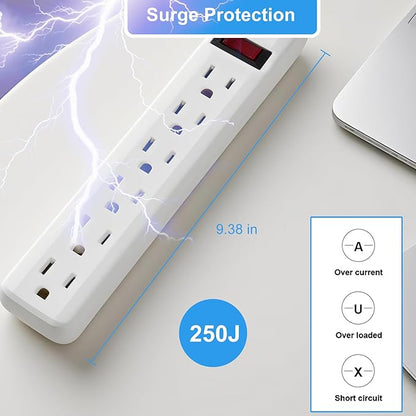 6-Outlet Surge Protector – 250 Joules, 2ft Cord, 15A/125V, 1875W Max – Right Angle Plug, Black – Home, Office, & Electronics Protection