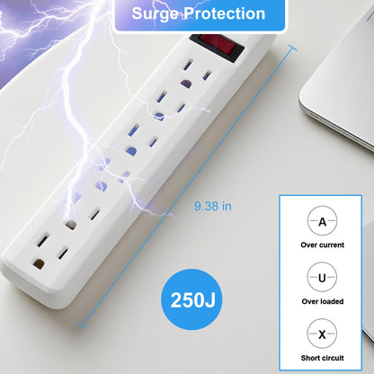 PowerEnvy 6-Outlet Surge Protector – 250 Joules, 2ft Cord, 15A/125V, 1875W Max – Right Angle Plug, Black – Home, Office, & Electronics Protection