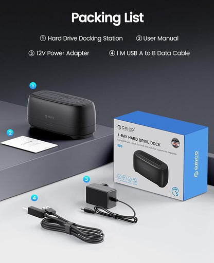 ORICO External Hard Drive Docking Station for 2.5/3.5 Inch HDD SSD USB 3.0 to SATA Hard Drive Dock Up to 22TB Support UASP 12V Power Adapter Supply-DD18
