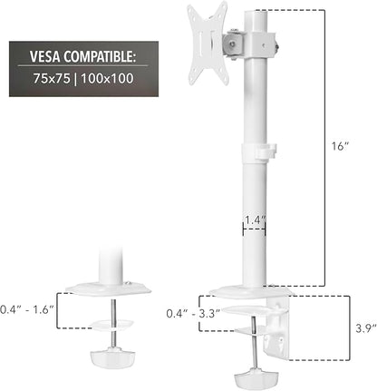 Mount-It! White Single Monitor Stand – Adjustable Desk Arm for Computer Screens – VESA Compatible Holder Up to 32" 19.8 lbs – 360° Rotation, 160° Swivel, 40° Tilt – Space-Saving Clamp & Grommet Base
