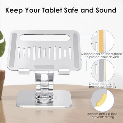 Tablet Stand for Desk, 360° Swivel for iPad Holder, Aluminum Adjustable Tablet Holder, Compatible for iPad Pro Air Mini Surface Pro Samsung Galaxy Tabs Kindle, 4-12.9 inch, Silver