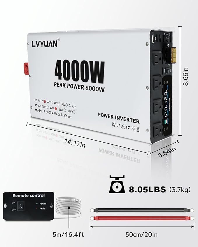 LVYUAN 4000 Watt Power Inverter 12V to 110V 120V DC to AC Converter with 4 AC Outlets, LCD Display, USB Charge Port, Remote Control for Home RV Vehicle Outdoor Camping Car Power Inverter