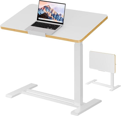 SANODESK Medical Adjustable Overbed Bedside Table with Casters 90° Tilt Top Pneumatic Mobile Rolling Laptop Computer Standing Desk Cart with Tray, Hospital and Home Use(31.5" W x 17.7" D, White)