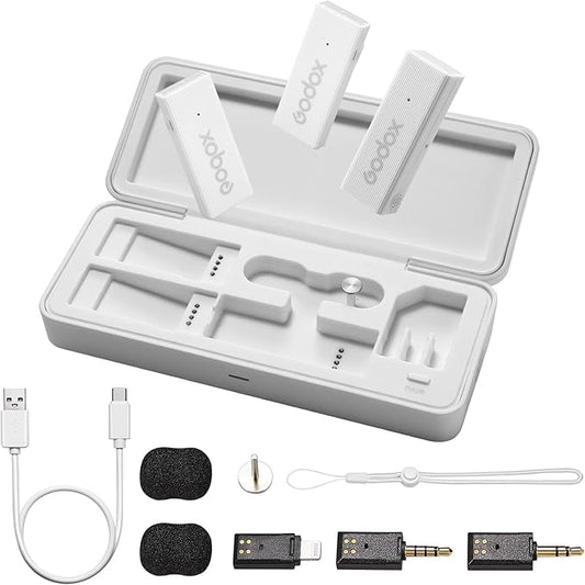 GODOX 【2025 Latest Model】 Movelink Mini LT Kit Wireless Microphone System, 2.4GHz Lavalier Mic 100m(328ft.) Range with Charging Case for iPhone, Camera, Vlogger, Youtuber, Interviewer(White)