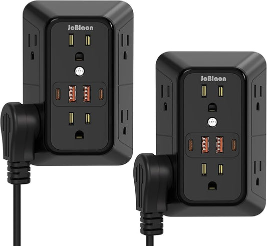 Surge Protector Outlet Extender, 6 Outlet Extender with 4 USB Charging Ports (2 USB C), 3 Sided Multi Plug Wall Adapter for Home, Office, Travel-2 Pack,Black-ETL