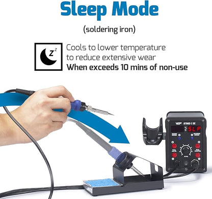 WEP 8786D-I SE Hot Air Soldering Iron Station Kit 2-IN-1 for Rework, Desoldering with Lead-Free Solder Wire, 5 Soldering Tips, 3 Hot Air Nozzles,Tweezers, Desoldering Pump