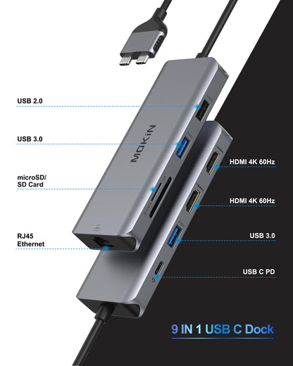 MacBook Pro Docking Station Dual Monitor MacBook Pro HDMI Adapter, 9 in 1 USB C Adapters for MacBook Pro Air Mac HDMI Dock Dongle Dual USB C to Dual HDMI Ethernet 3USB SD Card Reader 100W PD