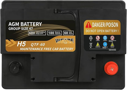 Weize Platinum AGM Battery BCI Group 47-12v 60ah H5 Size 47 Automotive Battery, 100RC, 680CCA, 36 Months Warranty, Dimensions 9.52" L x 6.89" W x 7.48" H