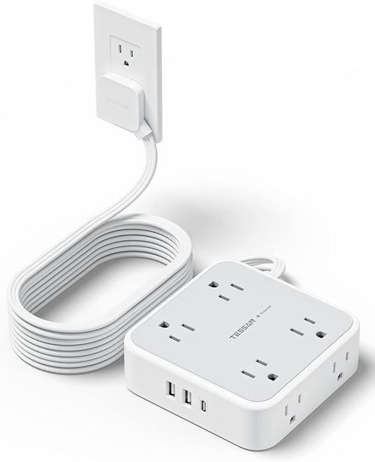 TESSAN Surge Protector Power Strip, 15 Ft Flat Plug Extension Cord with 3 USB (1 USB C 20W PD) 8 Outlets, 1250W, 900J Protection, 3 Sided Outlet Extender with Power Switch for Office, Dorm Room, Grey