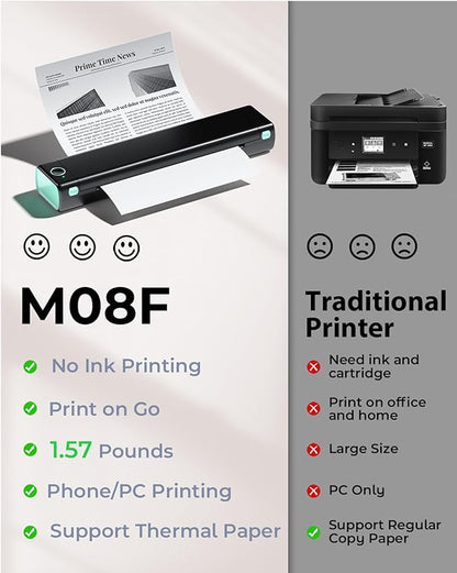 Phomemo Portable Printers Wireless for Travel, M08F Inkless Thermal Printer Support for 8.5"x11" US Letter, Small Bluetooth Printer Compatible with Phone, Laptop for Car, Office, Home Use, School