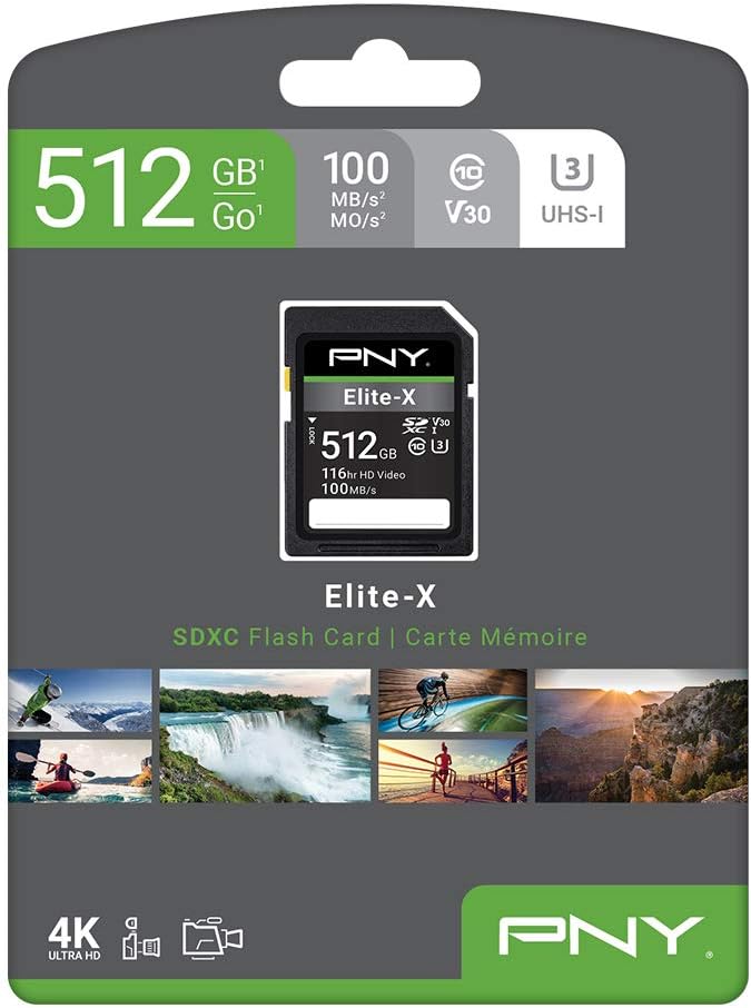 PNY 512GB Elite-X Class 10 U3 V30 SDXC Flash Memory Card - 100MB/s, Class 10, U3, V30, 4K UHD, Full HD, UHS-I, Full Size SD (Pack of 1)