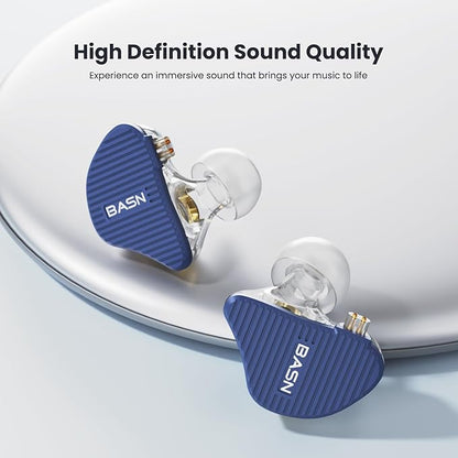 BASN Mix-PD in Ear Monitor,1Planar Driver + 1Dynamic Driver HiFi IEM Earphones with CNC Crafted Metal Cover, Wired 0.78mm 2-Pin Silver Plated Detachable Cable for Musicians (Blue)