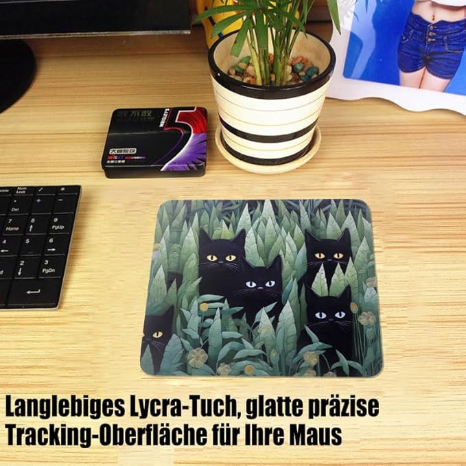 Mouse Pad, Gaming Mouse Pad, Non-Slip Rubber Base Mouse Mat with Designs for Laptop, Computer & Office, 9.5 x 7.9 x 0.12 inches (Black Cats in Grass)