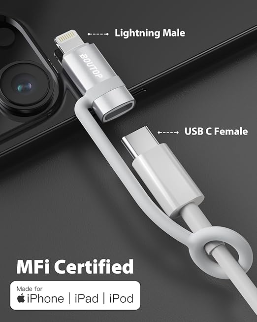 [MFi Certified] 36W USB C to Lightning Adapter, Support PD Fast Charging Compatible with iPhone iPad Airpods, with Anti-Lost Holder Silver -2 Pack