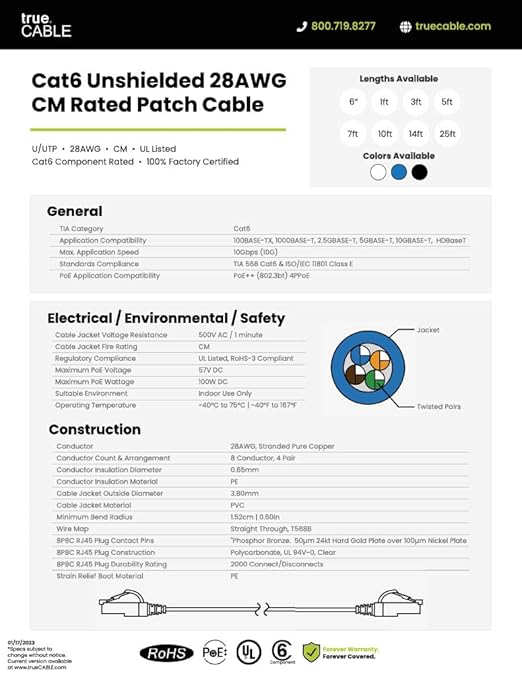 TRUECABLE Cat6 Component Rated Patch Cable, Unshielded (U/UTP), 25ft, Black, 28AWG Stranded Pure Copper, Snagless 10G High-Speed Ethernet Cable, PoE++ 4PPoE 100W, UL Listed, RoHS-3, 5 Pack