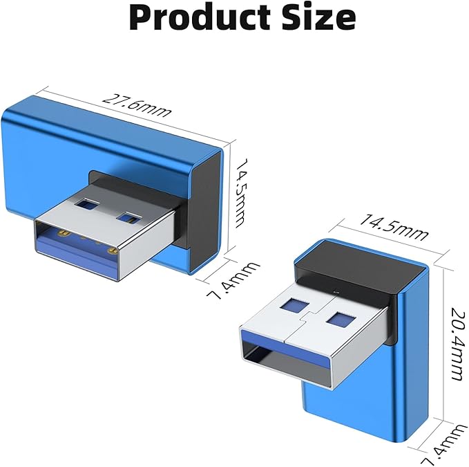 AreMe 90 Degree USB 3.0 Adapter 4 Pack, Up and Down Angle, Left and Right Angle USB A Male to Female Converter Extender for PC, Laptop, USB A Charger, Power Bank and More (Blue)