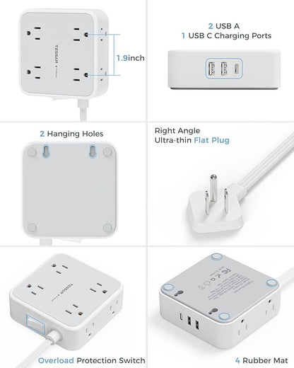 TESSAN Power Strip Surge Protector 10 Ft Cord, 8 AC Outlets, 3 USB Charger(1 USB C Port), Ultra Thin Extension Cord, Flat Plug, 900 Joules Protection, Desk Charging Station for Home, Office