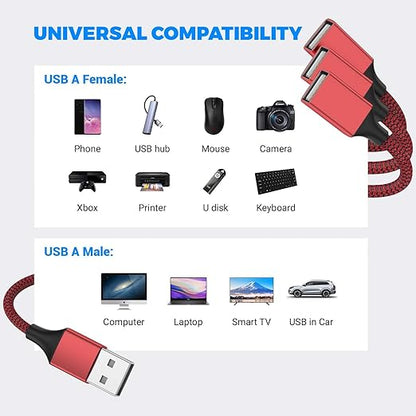 6.6FT USB Splitter 3 in 1 Out, A Male to 3 Female Extension Y Cable Support Charging and Data Transfer for TV/PC/Laptop/Keyboard/ PS4/5/ Flash Drive/LED Etc.(Red)
