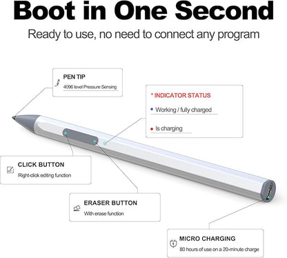 ASUS Stylus Pen for Transformer/Vivobook Flip/Notebook Touchscreen Laptop/Tablet - Rechargeable, 4096 Pressure Sensitivity, MPP 2.0 Tilt Pencil, Silver