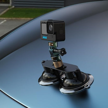 MINIFOCUS Dual Suction Cup Mount, Twist-Lock Dual Suction Cup Base with Camera Thread Adapter, Quick Release Double-Layer Suction, Windshield Window Car Mount for Magic Arm Gopro Adapter