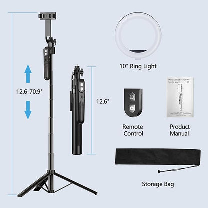70.9" Auto Face Tracking Tripod 360° Rotation with 10" Ring Light, Phone Tripod & Selfie Stick with Remote for Cell Phone 4"-7", Motion Sensor Phone Tripod for Tiktok Live Stream Vlog Video Recording