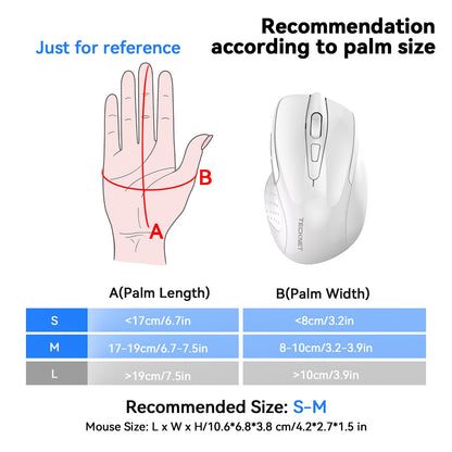 TECKNET Rechargeable Jiggler Wireless Mouse, Dual-Mode Connectivity, White