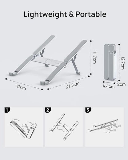 SODI Ultra Compact Foldable Laptop Stand - Portable Laptop Holder for Desk & Travel Use, Ergonomic Aluminum Computer Holder with Adjustable Height for MacBook, Tablet 10-16" (Light Gray, Bi-Fold)