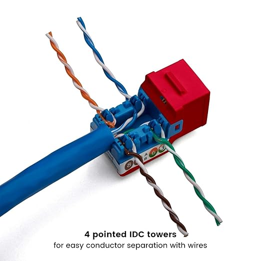 trueCABLE Cat6 Keystone Jack, Unshielded (UTP), 90 Degree Punch-Down, PoE++ (4PPoE) 100W, UL Listed, ETL Verified, ANSI/TIA Certified, Modular RJ45 Female, Red, 12 Pack