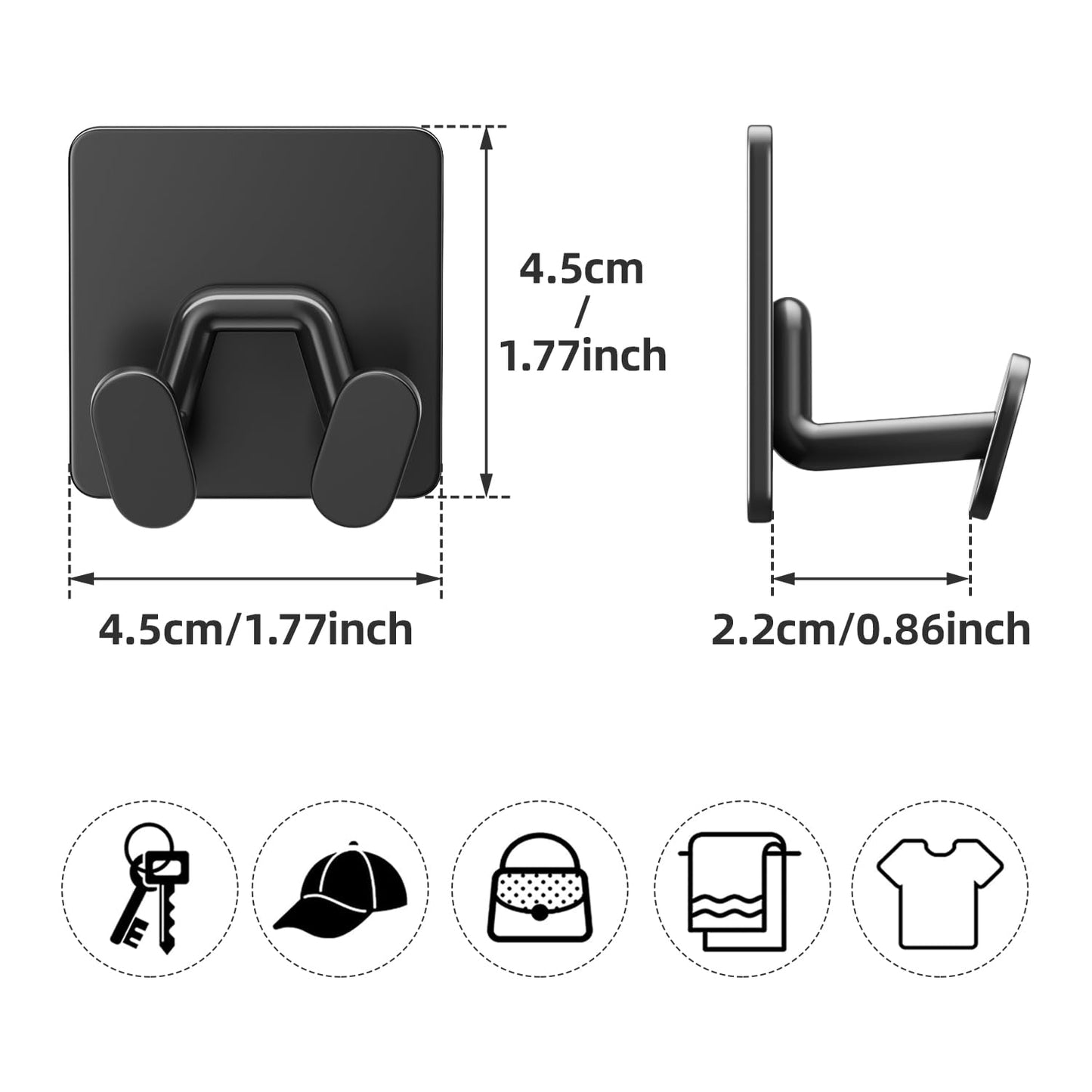 Adhesive Shower Hooks for Inside - Extra Sticky Stainless, Razor Holder Shower Accessories, Wall Mounted Self-Adhesive Double Hooks for Razor, Loofah, Towel, Shaver, Coat, Key, Matt Black, 4-Pack