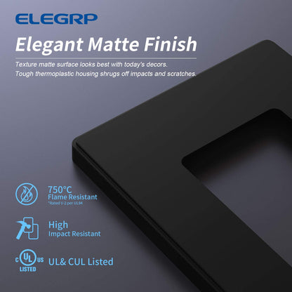 ELEGRP 1-Gang Screwless Decorative Wall Plates, Standard Size Unbreakable Thermoplastic Faceplate Cover for Decorator Receptacle Outlet Switch, UL Listed (10 Pack, Matte Black)