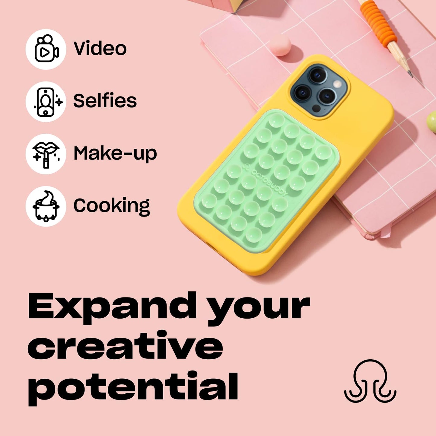 OCTOBUDDY Classic MAX - Silicone Suction Phone Case Adhesive Mount - Hands-Free, Strong Grip Holder for Selfies and Videos - iPhone and Android Compatible - 2.6″ x 3.9″, Canary Yellow