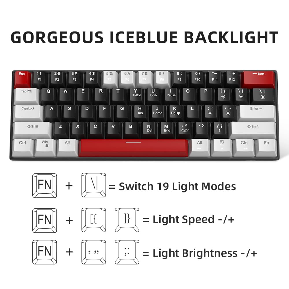 Camiysn 60% Mechanical Gaming Keyboard,Mixed Color Keycaps Gaming Keyboard with Linear Red Switches, Detachable Type-C Cable Mini Keyboard with Blue LED Light for PC/Laptop